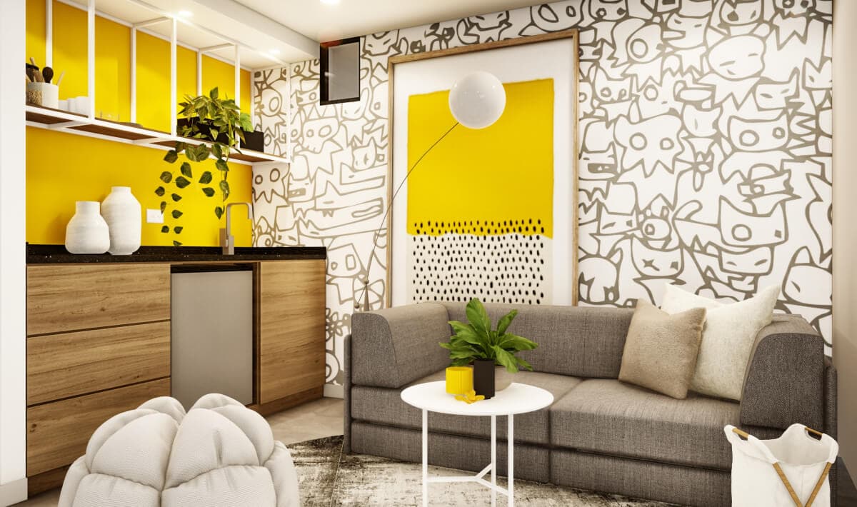 Render Apartasuite santorini, decoración viva y dinamica, combinación con paredes con patrones y decoraciones en color amarillo vibrante.