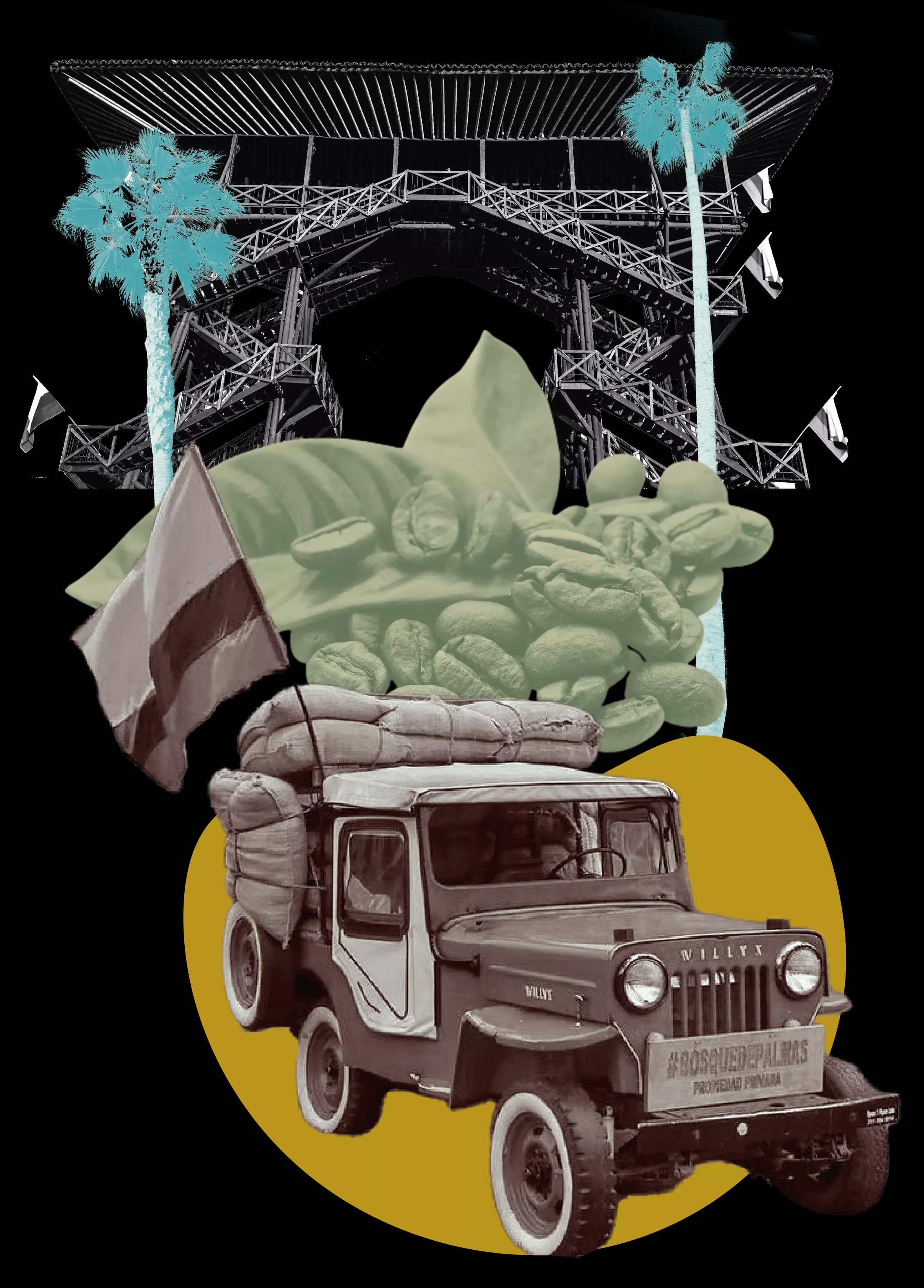 Composición grafica con elementos distintivos del Quindío: Mirador parque del Cafe, Palmas de cera, Jeepaos, hojas y granos de café.