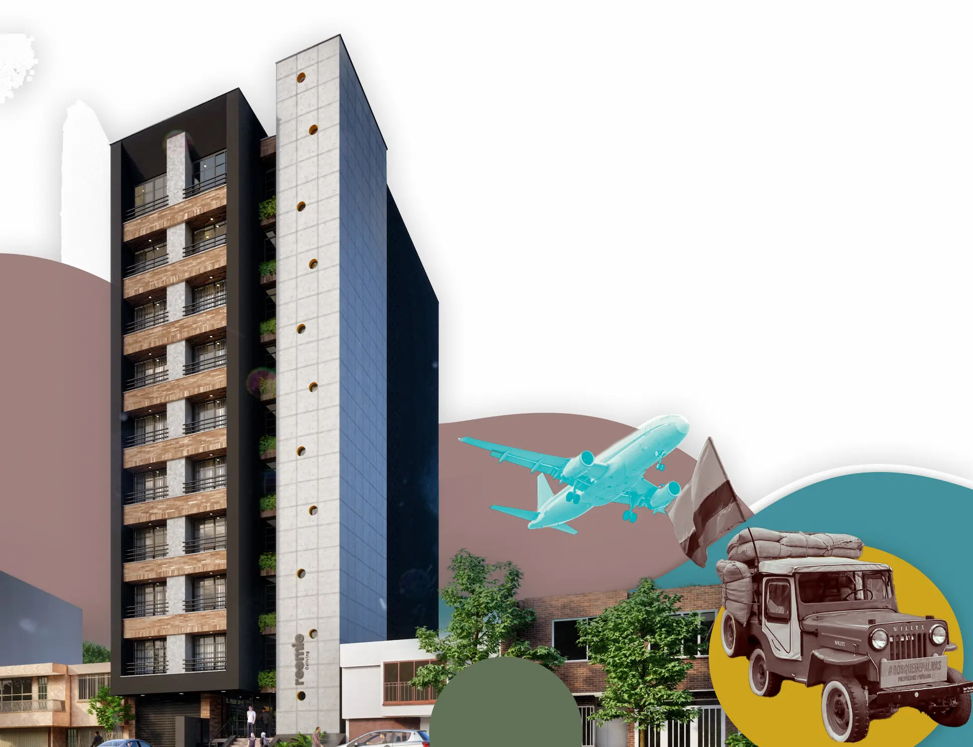 Fachada edificio roomie Coliving, estilo industrial, edificio de 10 pisos, apartasuites con balcon.