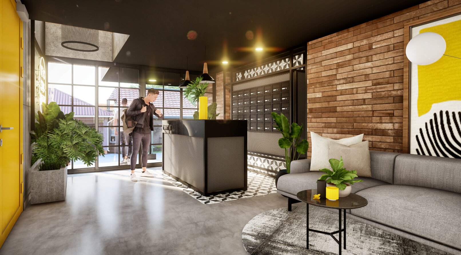 Render Lobby de Roomie coliving, con recepción y sala de espera.